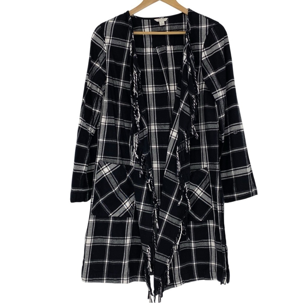 C Est 1948 Women's Plaid with Fringe Open Cardigan Top Black & White Sz Large